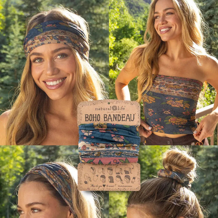 A boho bandana featuring a blue and white fabric pattern, ideal for adding a stylish touch to any outfit.