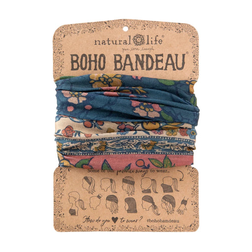 A boho bandana featuring a blue and white fabric pattern, ideal for adding a stylish touch to any outfit.
