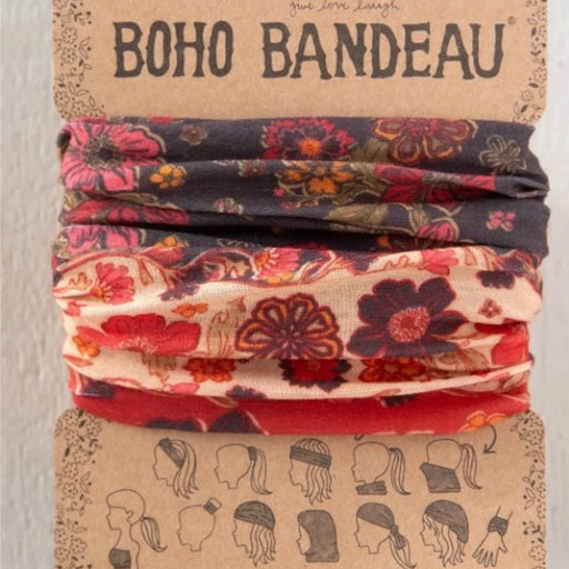 A stylish bandana with a boho aesthetic, adorned with natural motifs, suitable for various fashion ensembles.
