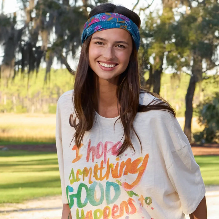 Boho bandeau neck scarf in blue and pink floral print, designed to complement both casual and formal attire.
