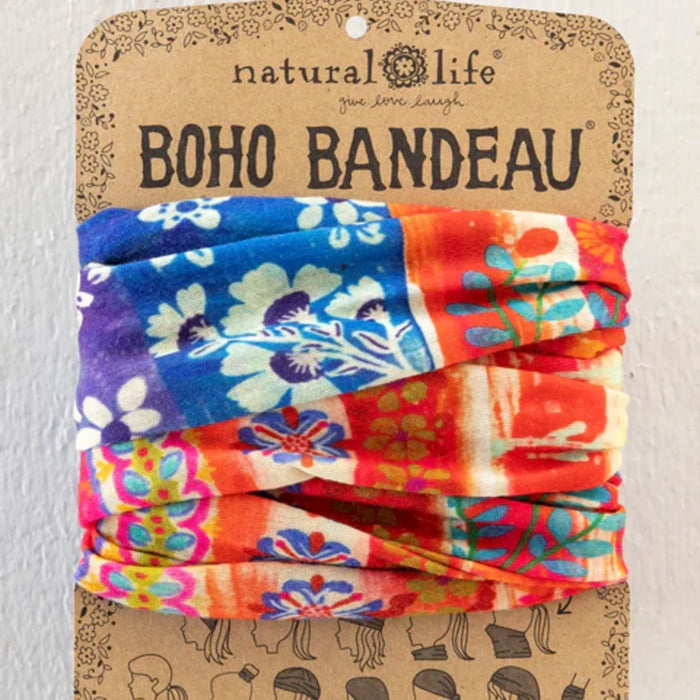 The boho bandeau features a lively, colorful fabric with an eclectic mix of patterns and shades.