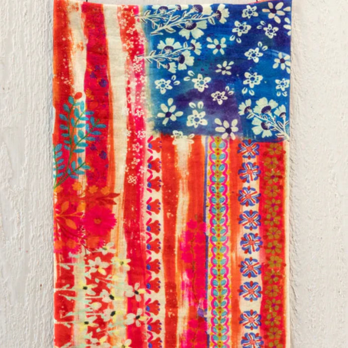 A colorful boho bandeau made from vibrant fabric, showcasing a blend of patterns and hues.