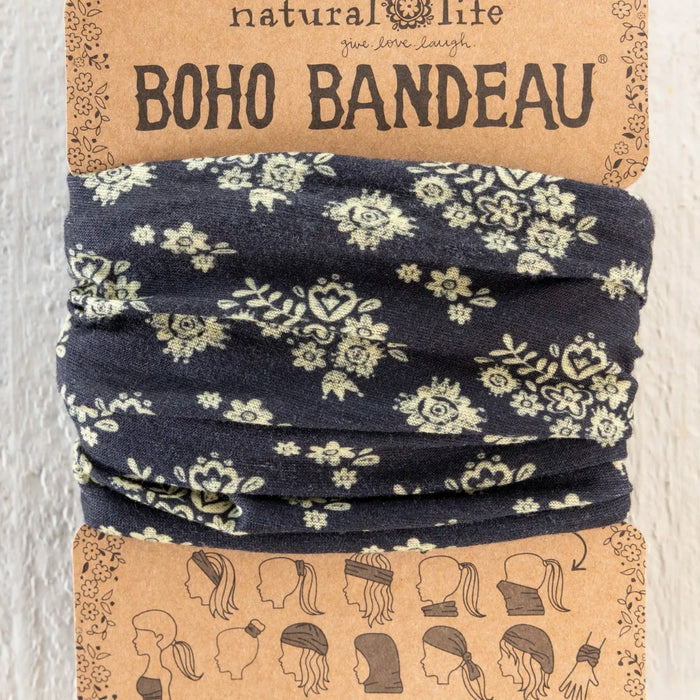 Boho bandana featuring a black and white floral print, showcasing a stylish and trendy design.