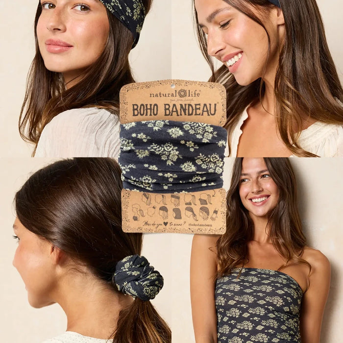 Stylish boho bandana crafted from a black and white floral fabric, enhancing any casual ensemble.