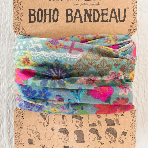 A colorful boho bandeau made of vibrant fabric, showcasing a blend of patterns and hues.