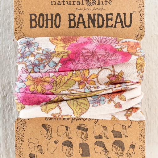 A boho-style bandana featuring a natural life design with earthy colors and intricate patterns.