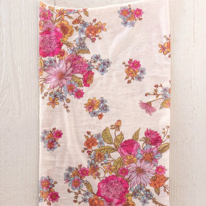 A stylish bohemian bandana showcasing a natural life theme with vibrant colors and detailed motifs.