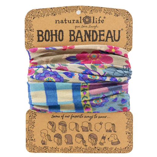 Natural Life Boho Bandeau headband featuring a colorful gingham floral patchwork design.