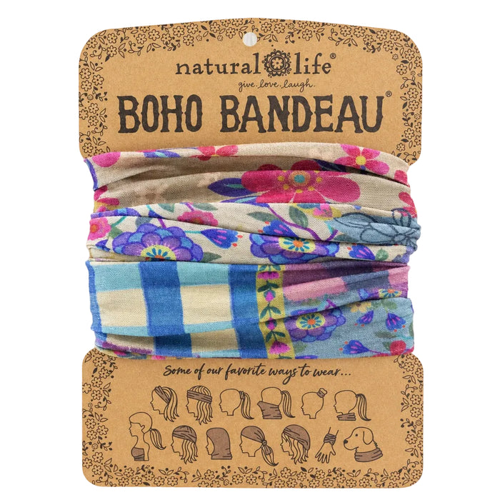 Natural Life Boho Bandeau headband featuring a colorful gingham floral patchwork design.