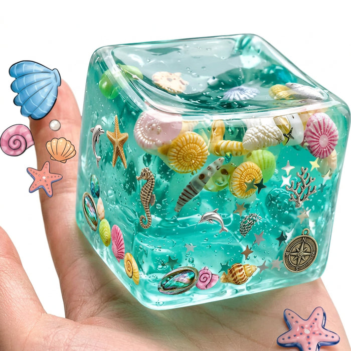 Think Sweet Squishy Fun Box Deluxe with eight toys: dumpling, strawberry, axolotl, two cubes, glitter ball, butter, and cow.