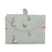 A green tote bag adorned with illustrations of birds and blooming flowers.