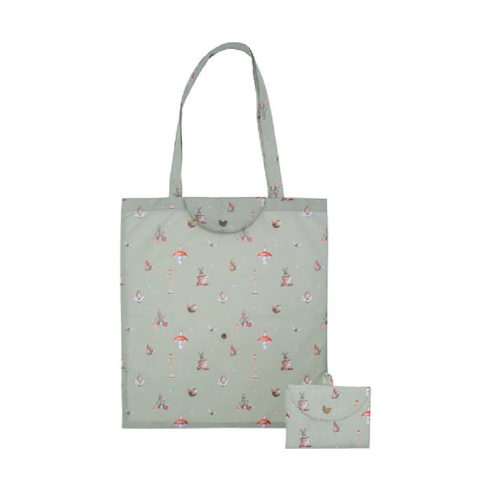 A green tote bag decorated with vibrant birds and floral patterns.