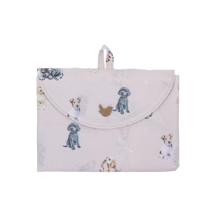 A tote bag showcasing a whimsical pattern of cats and dogs, ideal for carrying everyday items.
