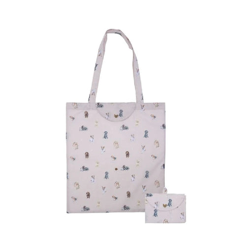 A tote bag featuring playful illustrations of various cats and dogs in a colorful design.