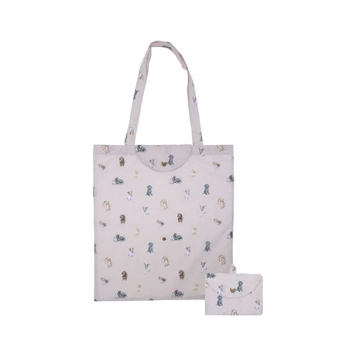 A tote bag featuring playful illustrations of various cats and dogs in a colorful design.