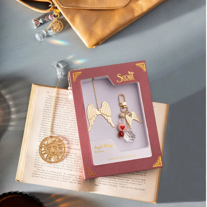 Scout Curated Wears Angel Wings Protection Bookmark and Keychain Set with inspirational angel wing design