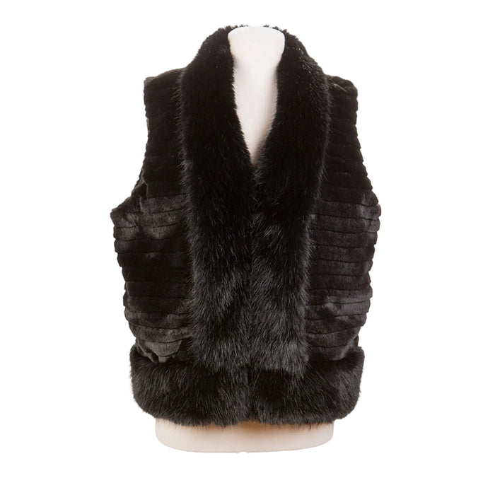 Black fur vest on a mannequin against a white background