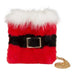 Red fur bag with a black belt and gold chain on a white background