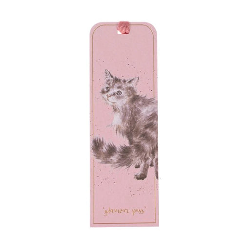 A pink bookmark adorned with a playful cat illustration, ideal for book lovers.