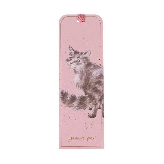 A pink bookmark adorned with a playful cat illustration, ideal for book lovers.
