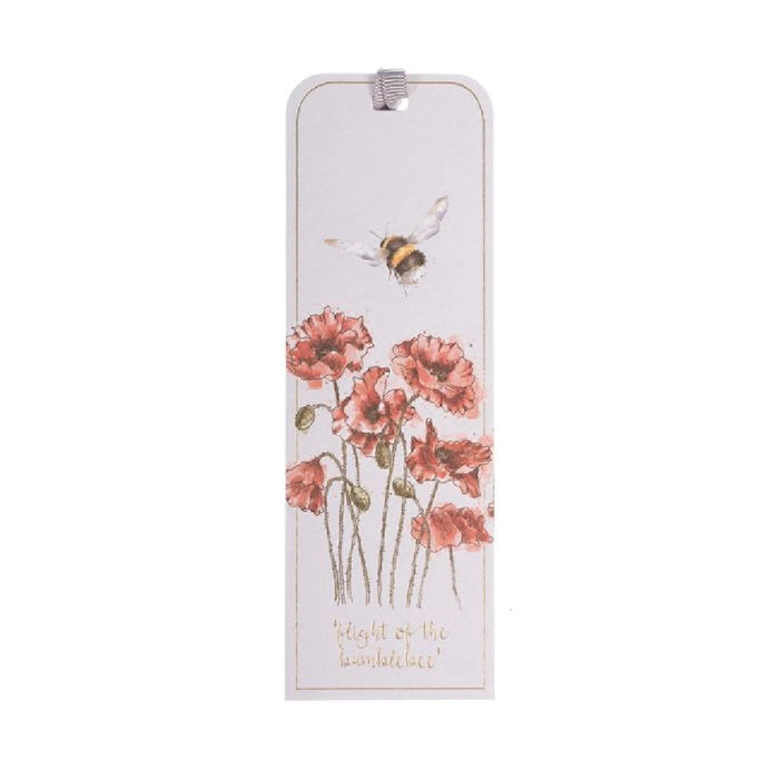 A bookmark illustrated with a bee and bright red poppies, showcasing nature's beauty.