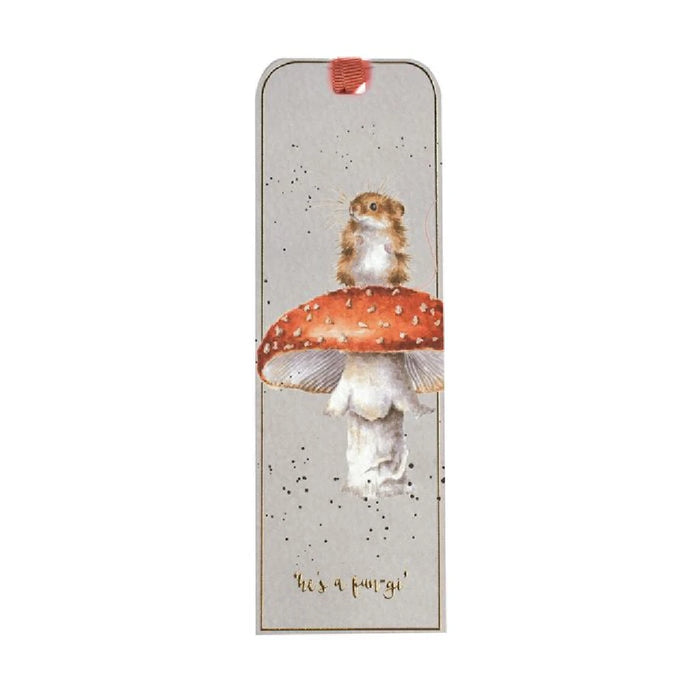 A whimsical bookmark featuring a mouse perched on a colorful mushroom in a forest setting.
