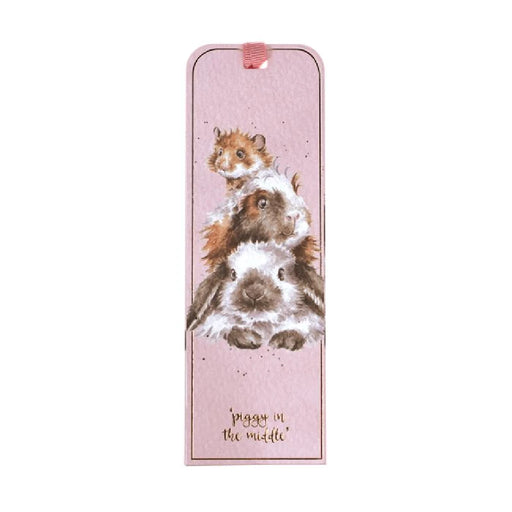  A pink bookmark displaying a cat and dog illustration, symbolizing friendship.