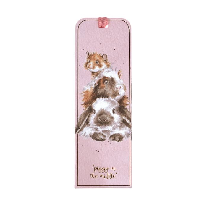  A pink bookmark displaying a cat and dog illustration, symbolizing friendship.