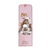  A pink bookmark displaying a cat and dog illustration, symbolizing friendship.