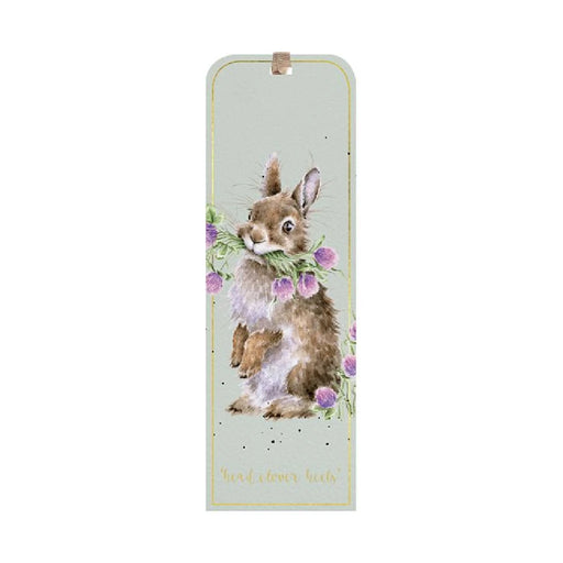 A bookmark featuring a cute bunny surrounded by vibrant purple flowers.