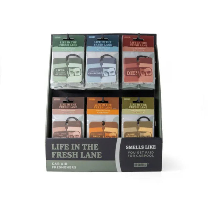 DM Merchandising Brodeo Drive Life in the Fresh Lane Air Fresheners featuring a freshly detailed scent and 8 quotable designs for drivers.