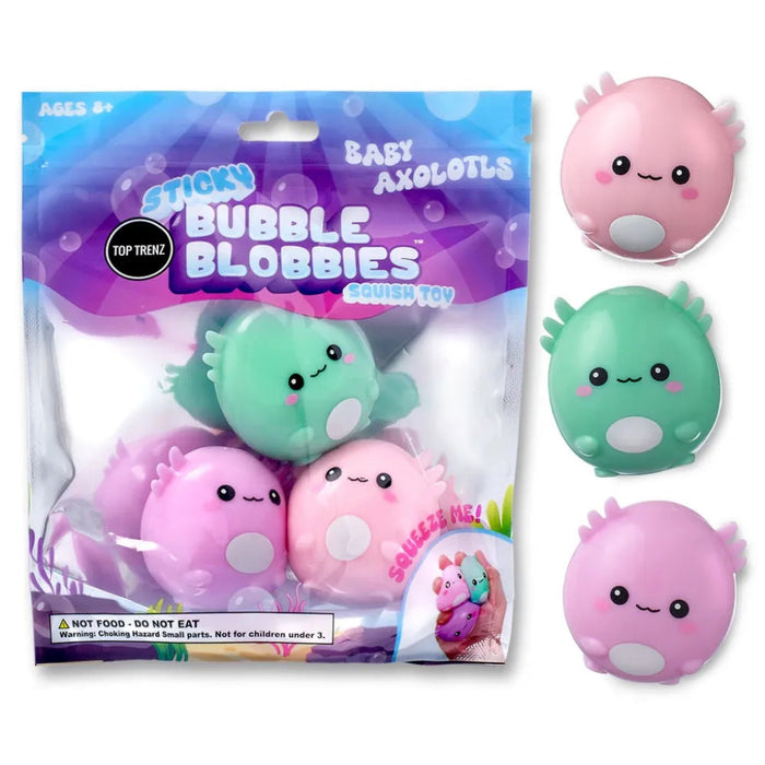 Packaging of Sticky Bubble Blobbies with pink, green, and purple toys on a white background
