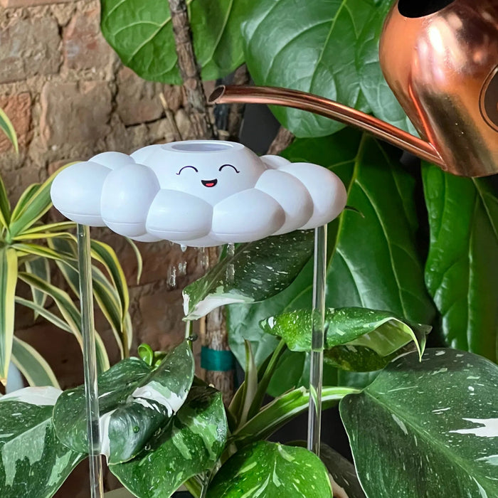 White cloud-shaped watering device with a smiling face being used to water a plant.