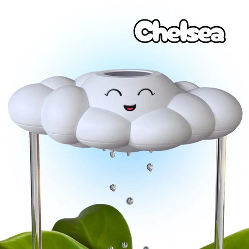 Cloud-shaped water dispenser with a smiling face, labeled 'Chelsea', on a light blue background with green leaves at the bottom.