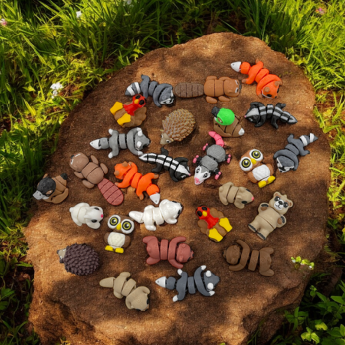 Collection of small  3D mini animal figurines on a rock with grass in the background