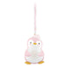 Front view of pink and white penguin ornament with striped cap and textured snowflake