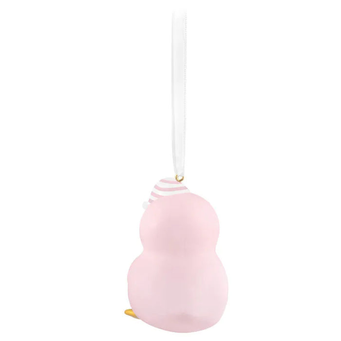 Rear view of matte finish pink penguin ornament showing gold metal hanging loop detail