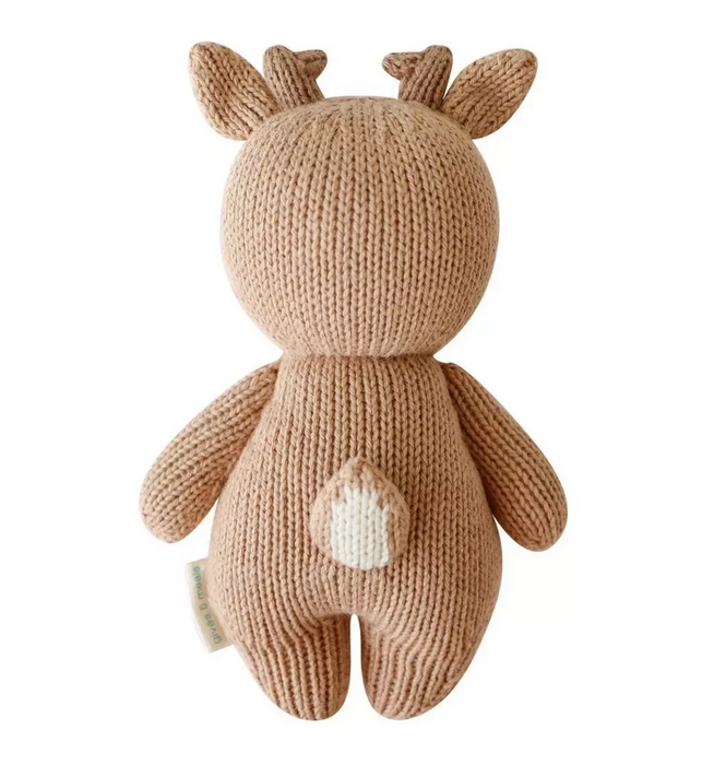 Back view of Cuddle + Kind Baby Fawn – handmade knit deer plush with tiny tail and antlers.