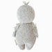 Back view of a hand-knit baby penguin doll in soft gray yarn with fuzzy wings and a little tuft of yarn on its head.