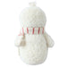 Back view of hand-knit baby snowman doll with fluffy white body and candy cane striped scarf.