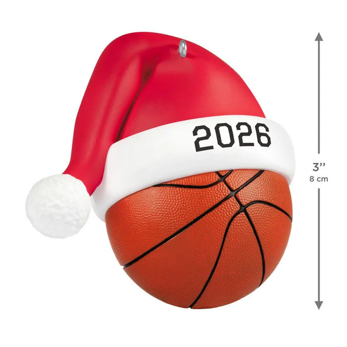 3-inch tall 2026 Hallmark basketball ornament with silver hanger loop and bold year-dated white band