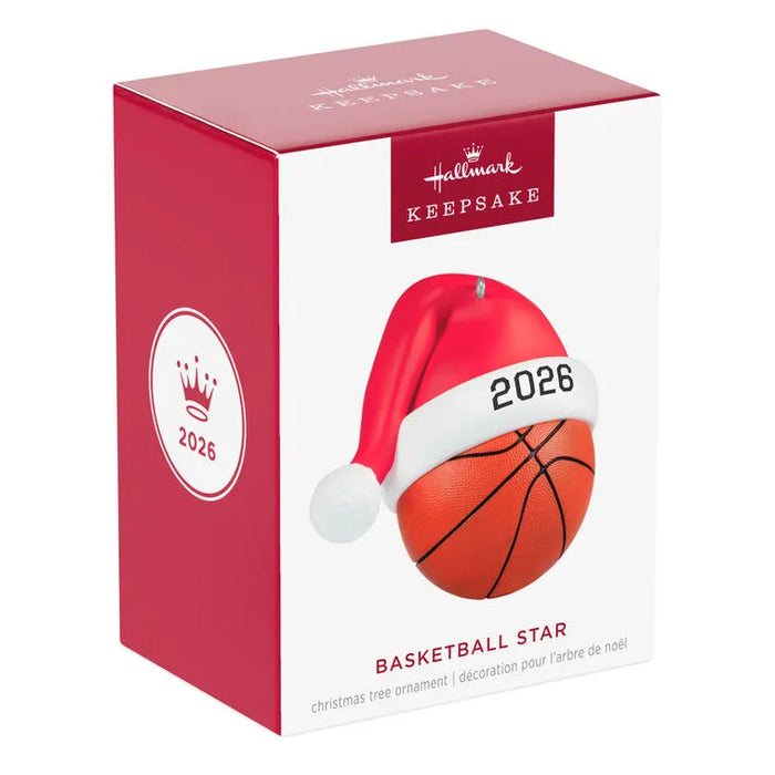 Front retail box for 2026 Hallmark Keepsake Basketball Star ornament with crown emblem and bilingual text