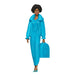 Doll in a blue outfit with a matching suitcase on a white background