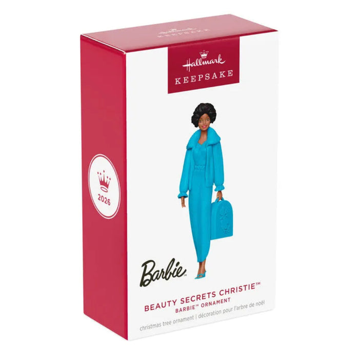 Barbie ornament packaging with 'Hallmark Keepsake' branding on a white background