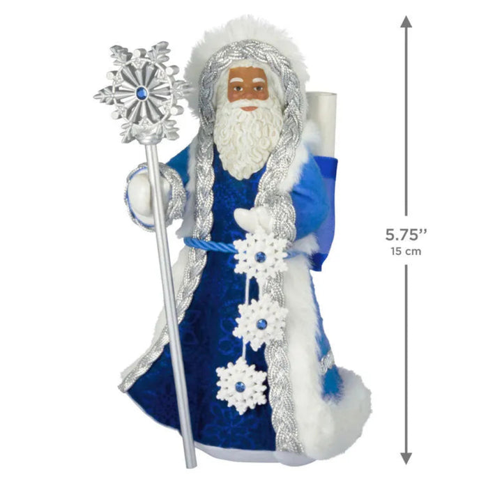 Decorative figure of a bearded man in blue robes with a silver staff, holding a candle, on a white background with dimensions indicated.