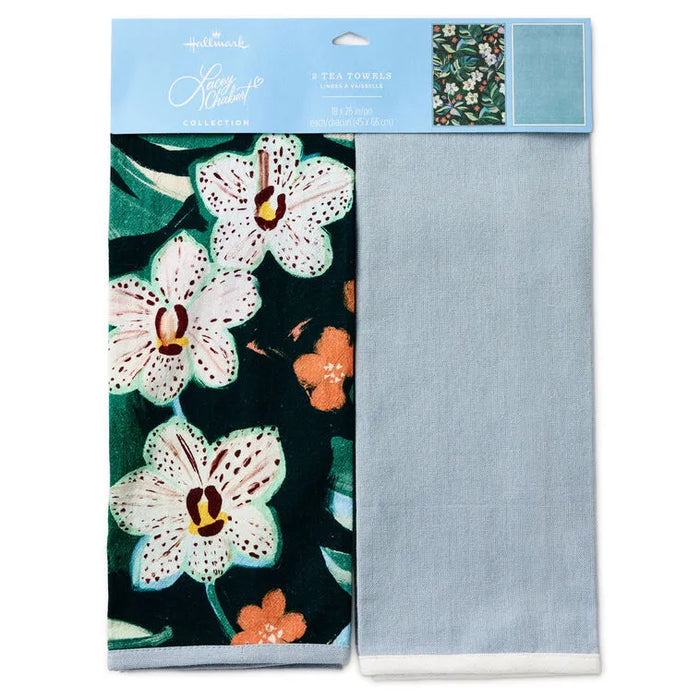 Hallmark : Green Floral and Blue Chambray Tea Towels, Set of 2
