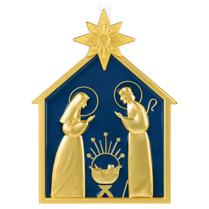 Hallmark 2026 God So Loved Nativity metal ornament with gold Holy Family figures on navy blue background