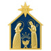 Hallmark 2026 God So Loved Nativity metal ornament with gold Holy Family figures on navy blue background