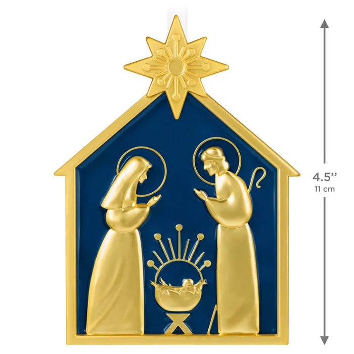 4.5 inch tall Hallmark 2026 God So Loved metal nativity ornament with raised gold Holy Family and Star of Bethlehem
