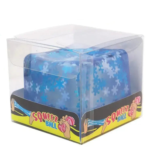 Blue snowflake-patterned squishy ball with packaging and display box.